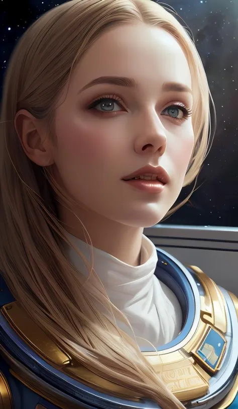 a beautiful woman in a space themed ballgowm. beautiful highly detailed face. painting by artgerm and greg rutkowski and magali ...