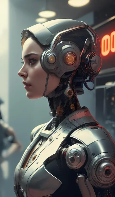 ultra-realistisch, Wunderschöner weiblicher Cyborg in einem überfüllten verrauchten Cyberpunk-Club in einer Weltraum-Megapolis, Science-Fiction, komplizierte Details, unheimlich, sehr detailliert, octane render, 8k, Kunst von Artgerm und Alphonse Mucha und Greg Rutkowski