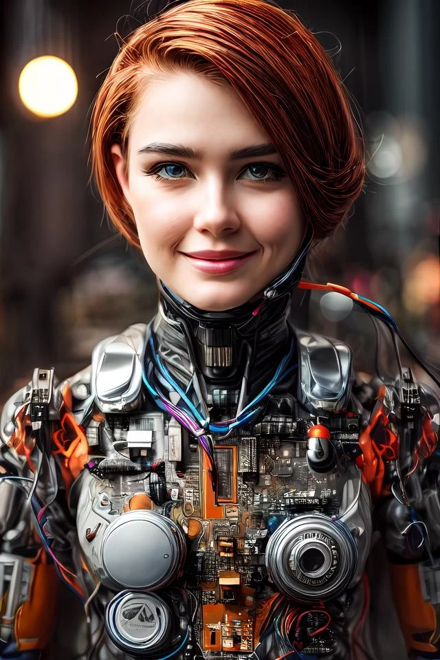 A woman in a robot suit with a red hair and a blue eye - SeaArt AI