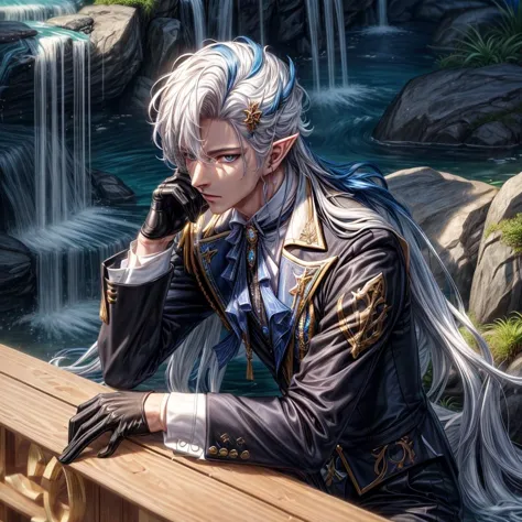 anime character with white hair and blue eyes leaning on a railing