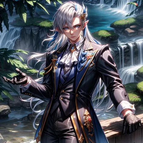 anime character with long white hair and blue eyes standing in front of a waterfall