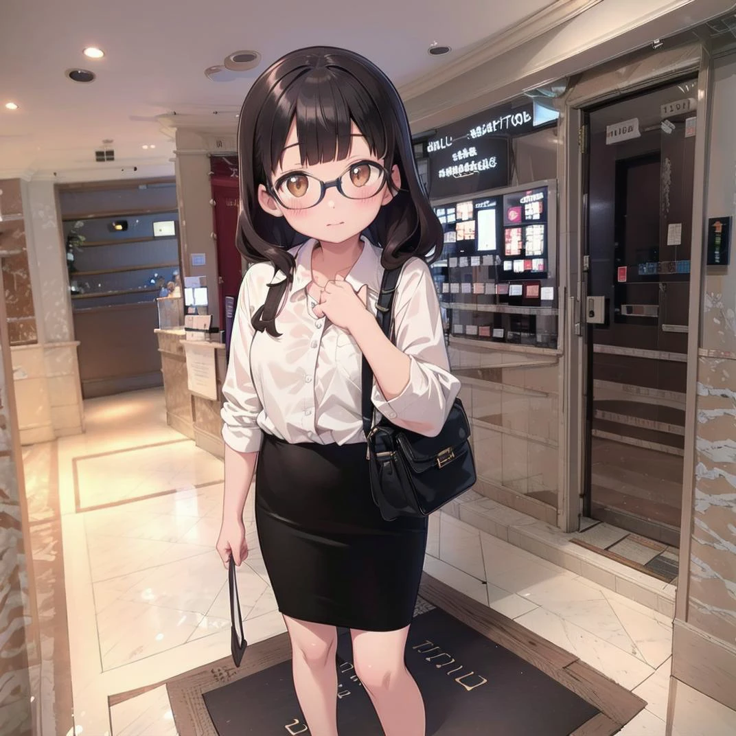 best quality, ultra-detailed, illustration,
heyapanel, lovehotel, scenery, japan, tiles, tile floor, 
1girl, solo, glasses, brown eyes, black hair, long hair, blush, looking at viewer, standing,
coworking style, smart-casual attire, blouses, pencil skirt, loafers, relaxed blazers, midi dresses, bag
