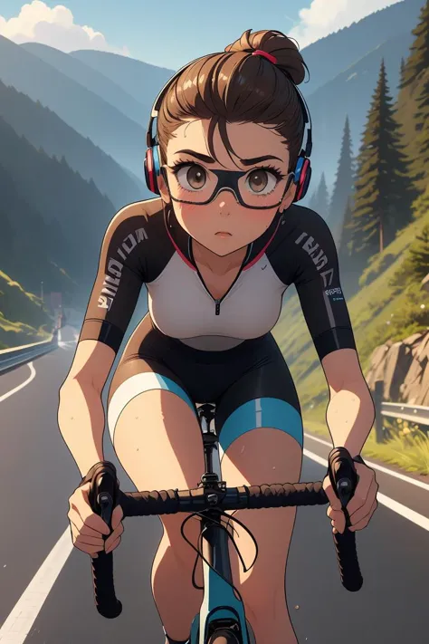 (masterpiece, best quality), 1girl,  Ash Brown High Fade with Quiff, Sizes M to Z breasts,  <lora:girllikeroadbike:1> riding a road bike, downhill, steep slope, eye shield, headphones, cycling shorts, wind, speed lines effect