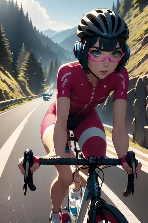 (masterpiece, best quality), 1girl,  Iris Bob Cut, Size C breasts,  <lora:girllikeroadbike:1> riding a road bike, downhill, stee...