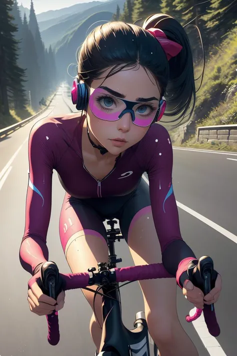 (masterpiece, best quality), 1girl,  Slate Twisted High Ponytail, Size DD breasts,  <lora:girllikeroadbike:1> riding a road bike, downhill, steep slope, eye shield, headphones, cycling shorts, wind, speed lines effect