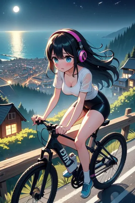 (((masterpiece))), (((best quality))),  (((speed lines))), (((full body))), (((riding a downhill road bike))), (((hands on handlebar))), (((steep slope))), headphones, cyan lace cycling shorts, strong wind, 1girl,  ribbon, black longhair, collarbone, cleavage, ((huge tits)), ((sweat)), ((wet body)), shy. blush, thighs, (((knee))), ((shoes)), ((wheel)), ((slender figure)), (((night))), (((countless house in town close to sea))), <lora:girllikedownhill:1>