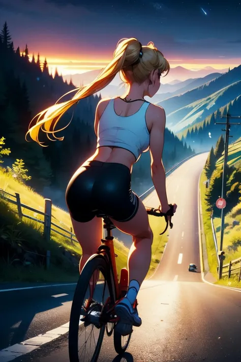 a woman riding a bike down a road next to a forest