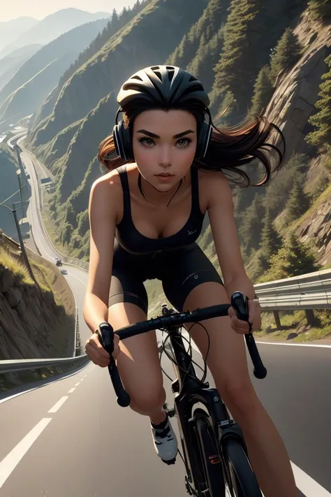 (masterpiece, best quality), 1girl,  Dark Auburn Short Comb-Over with Tapered Sides, Size C breasts <lora:girllikeuphill:1> riding a uphill road bike,  hands on handlebar, steep slope, headphones, strong wind, slender figure