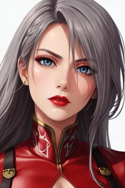 closeup, extremely detailed beautiful woman, square jaw, wide face, slightly wrinkled face, thoughtful expression, kind eyes, red lipstick, long gray cascading hair, wearing red combat outfit, posing, white background, best quality, extremely detailed