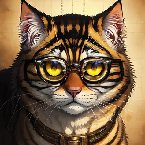 painting of a cat with glasses and a collar