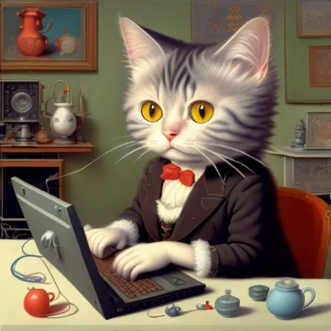 painting of a cat in a suit sitting at a table with a laptop