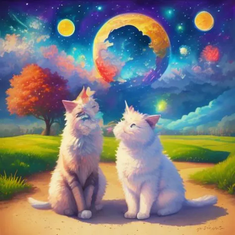 two cats sitting on a dirt road looking at the moon