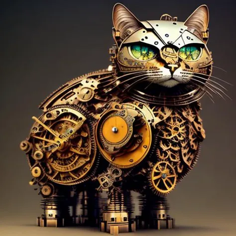 a close up of a cat made out of gears and a clock