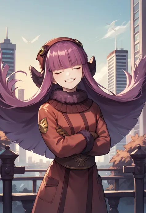 a woman with long purple hair standing in front of a city