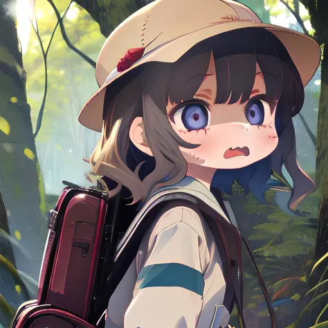 <lora:hawawa:1>, hawawa, 1girl, sweatdrops, open mouth, wavy mouth, in forest, backpack, hat, sandstorm, sunshine,  dynamic angle,, ultra_detailed:1.2