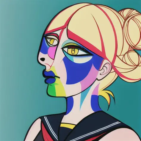 solo, portrait, cubism, (TogaHimiko:0.8), yellow hairbun, green and yellow skin color, facepainting, surreal, abstract, face focus, [profile | front : 10], <lora:cubism-20_v4:0.9>
