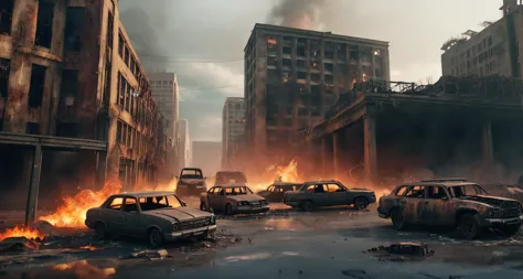 a close up of a bunch of cars on a street with a fire in the background