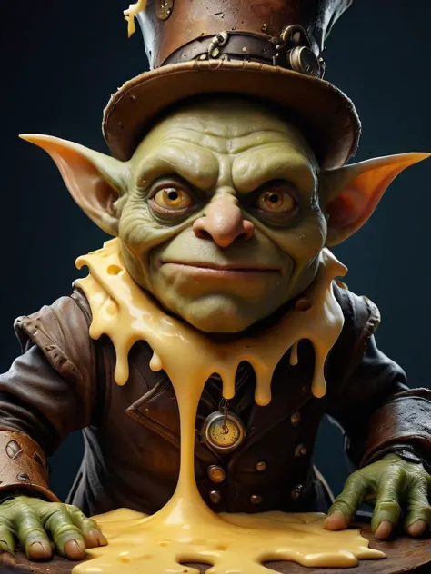 CheeseOnTopStyle, award winning photograph of a goblin with cunning eyes covered in cheese in wonderland, magical, whimsical, fantasy art concept, steampunk, intricate details, best quality, masterpiece, ultra sharp, hyper realistic, realism <lora:CheeseOnTopStyleXL:0.8>