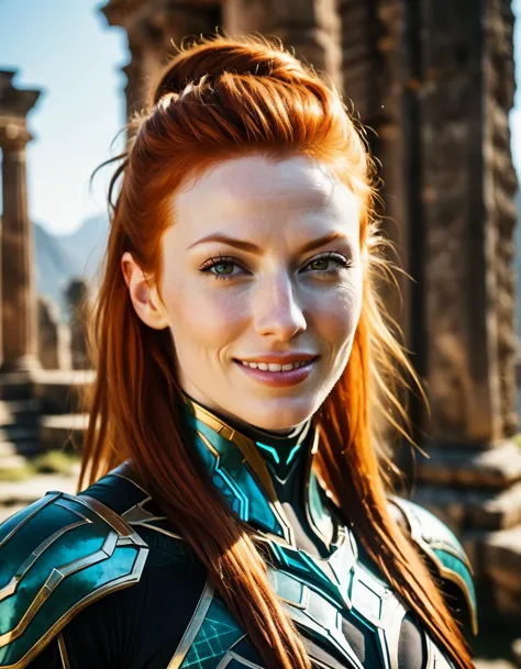 a woman with red hair and a green costume posing for a picture