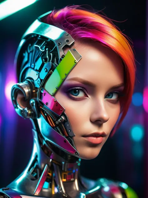 a woman with a futuristic head and colorful hair