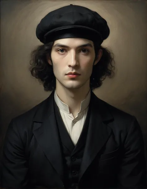 Robert Silvers, Guy, the Guy is wearing a Dark Wave Art fashion style Flat cap, is ruffled, the Guy has Brunette hair styled as Side part, Odd Nerdrum, portrait art by Hisui Sugiura