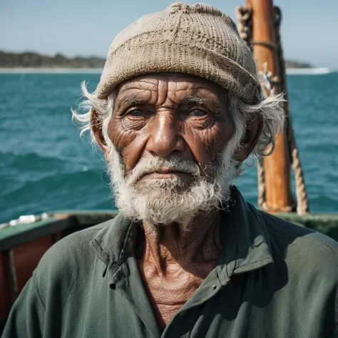 arafed man with a white beard and a hat on a boat