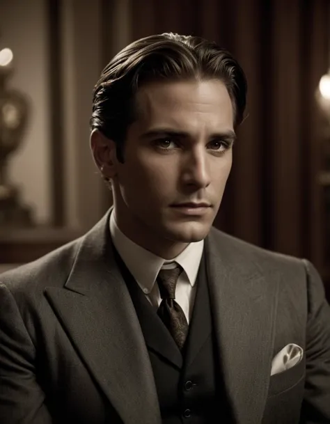 a close up of a man in a suit and tie sitting in a chair