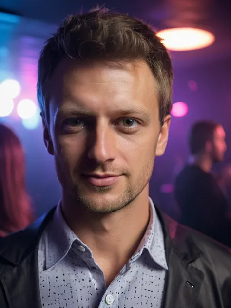 arafed man in a black jacket standing in a club