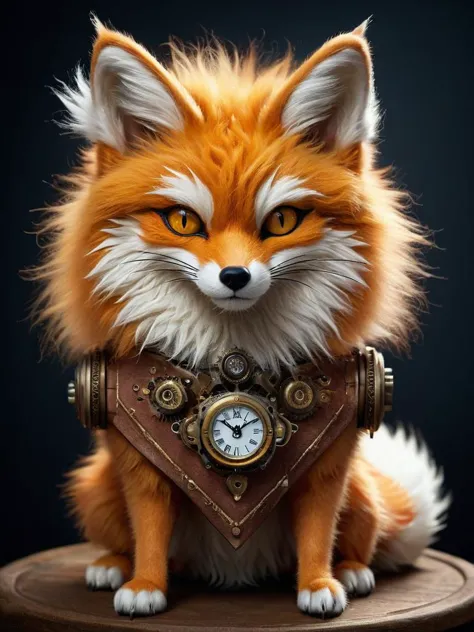 a close up of a stuffed fox with a clock on its chest