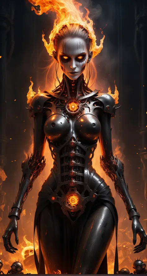 a woman in a black suit with flames on her chest