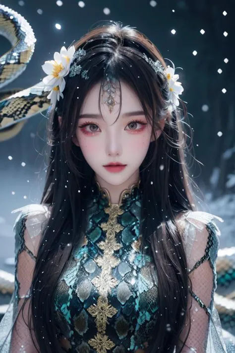 highly insanely detailed, masterpiece, top quality, best quality, highres, 4k, 8k, RAW photo, (very aesthetic, beautiful and aesthetic), breathtaking 1girl, kawaii, bishoujo, (lighting particle), fog, snow, (bloom), 
adorned in intricate (snake scales attire:1.4) that shimmer in the light, 
<lora:Zhuaya_CN_COS:1>, 
pure black background, transparent background, 
âââ