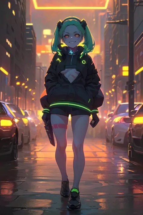 masterpiece, best quality, ultra-detailed, illustration, epic lighting, cinematic composition, 1girl, cute, red sclera,red pupils, cyborgunder, tattoo, green hair, colored skin, small breasts, black jacket, standing, legs apart, enchanting gaze, captivating pose, upper body:1.1, looking at viewer, smirk, closed mouth, outdoors, city, cyberpunk, neon lights, street, (night, dark, darkness, pitch black, shadows:1.4), (8k:1.1),  