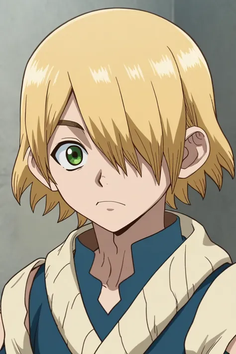 score_9, score_8_up, score_7_up, source_anime, rating_safe, intricate details, anime screencap, , , , , 1boy, solo, male focus, <lora:ginrou_dr_stone_pony:0.92>, ginrou_dr_stone, blonde hair, green eyes, short hair, hair over one eye, , crewneck,, <lora:sdxl_lightning_8step_lora:1>