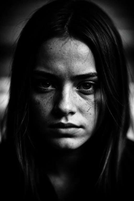 PA7_photo, une photo en noir et blanc d&#39;un visage de femme, yeux sombres, yeux noirs, portrait épique de menaçant, sombre face, graveleux, sale, texturé, contraste élevé, photographié sur un style de film endommagé, (meilleure qualité, chef-d&#39;œuvre, photo-réaliste)1.2