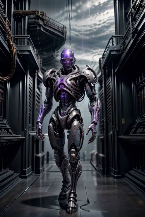 a man in a futuristic suit walking down a hallway