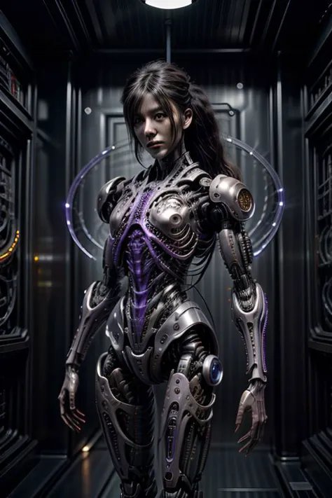 a woman in a futuristic suit standing in a room