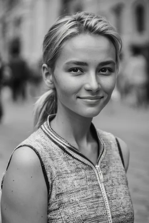 a black and white photo of a woman in a sweater