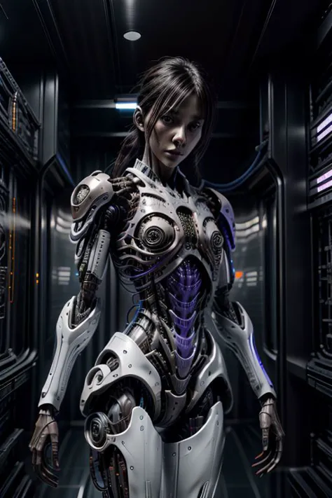 a woman in a futuristic suit standing in a hallway