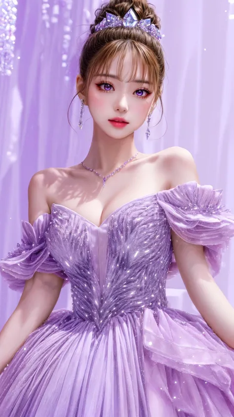 masterpiece, best quality, highres, 1girl wearing Swarovski styled clothing, crystal on clothes, young factional fashion, <lora:more_details:1> <lora:Crystal-fC-V1:0.3>, purple theme,  <lora:weddingdress:0.6>, <lora:koreanDollLikeness:0.4>, excellent head to shoulder ratio