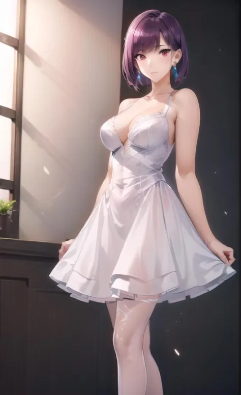 extremely detailed CG unity 8k wallpaper, realistic,
1girl, solo, purple hair, short hair, red eyes, bangs,  earrings, closed mouth, breasts
Full set of white lace underwear, white garters, white stockings,white high heels,