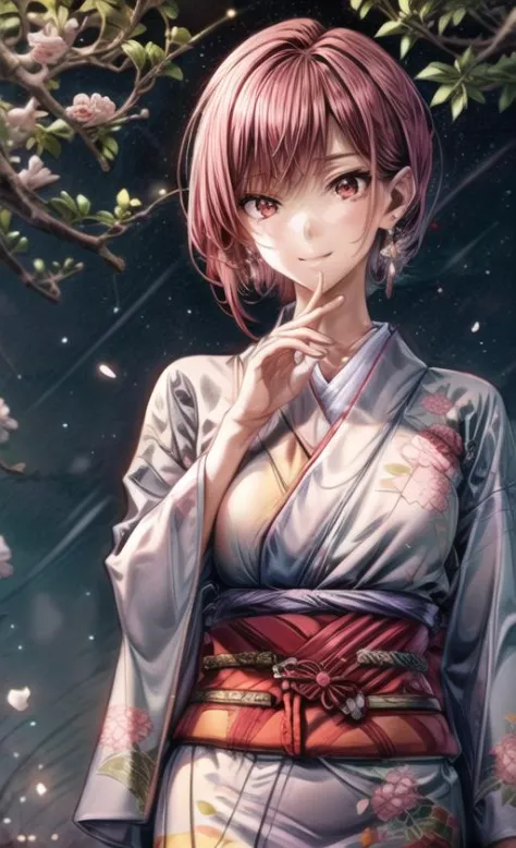 extremely detailed CG unity 8k wallpaper, realistic, Japanese garden, peonies, seductive smile,
1girl, solo, red hair, short hair, red eyes, bangs,  earrings, closed mouth, five fingers
<lora:new_hefu_:0.7>, (yellow/blue/green/white/black/red/pink kimono),...