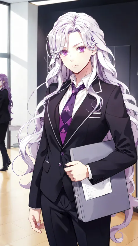 anime - style image of a woman in a suit and tie holding a folder