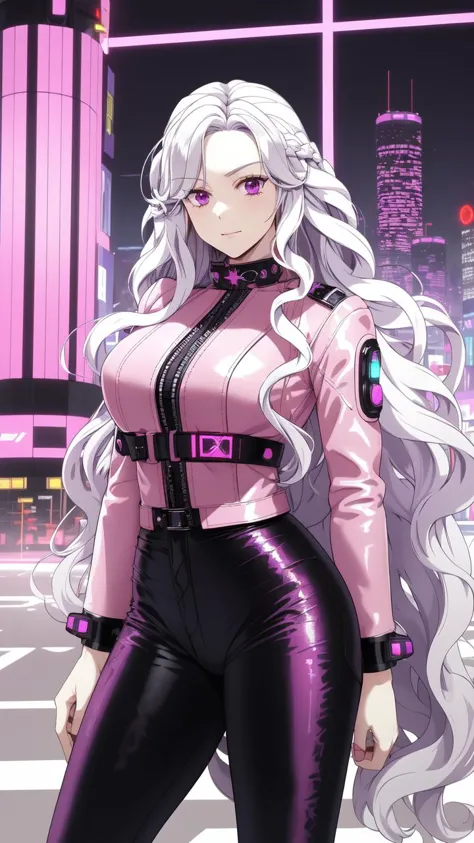 a woman in a pink outfit standing in front of a city