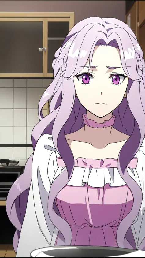 anime girl with long purple hair and purple eyes in a kitchen