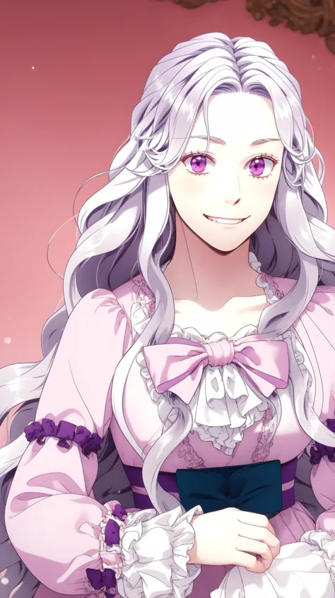 anime girl with long white hair and purple dress posing for camera