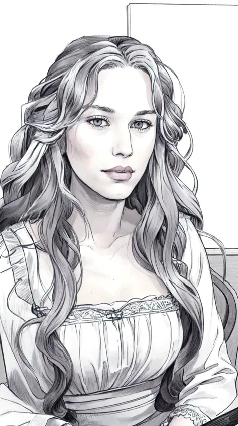 a drawing of a woman with long hair sitting down