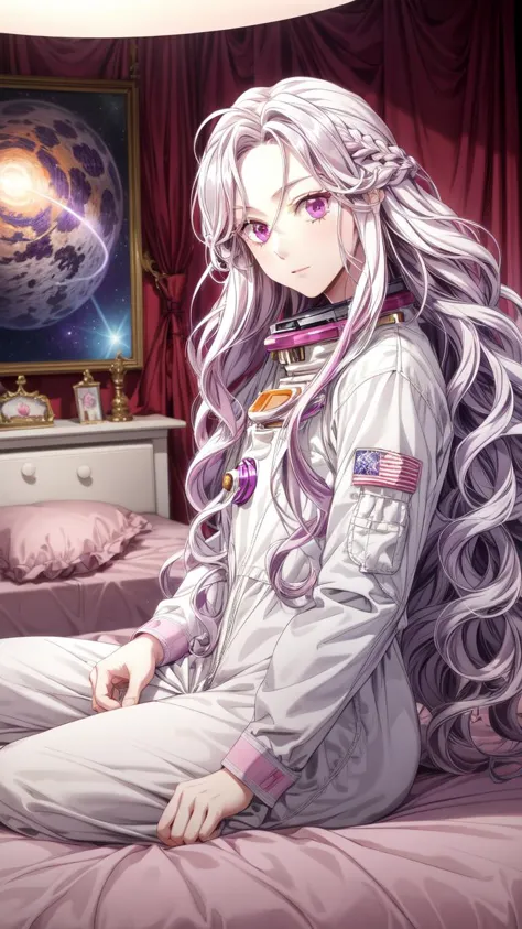 anime girl with long hair sitting on bed in space suit