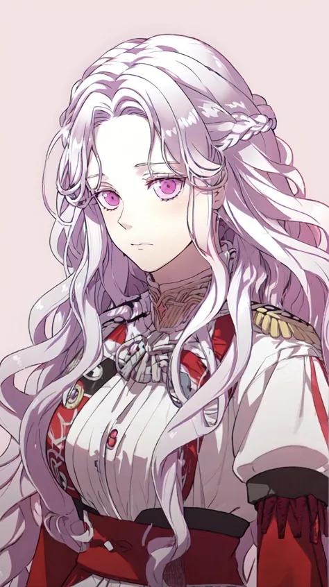 masterpiece, best quality
 <lora:Abigail-002-000007:0.7> abigail,  long hair, solo, looking at viewer, purple eyes, very long hair, white hair, pink eyes, curly hair
"adult woman", (25 years old, 25y.o.),
(vivid colors)
(red military uniform)
(simple white background),
 <lora:FE16 Style LoCon:1> fire emblem,FE16, FE16-STYLE,FIRE EMBLEM THREE HOUSES,