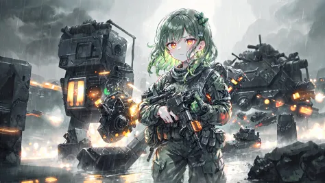 cowboy_shot,rain,<lora:BattlefieldStyle-000016:0.8>,bfstyle,glowing eyes,holding weapon,(sparks:1.1),1girl,cute,kawaii,small breasts,green hair,orange eyes,clover hair ornament,long hair,disheveled hair,messy hair,(battlefield:1.1),frown,shaded_face,sulking,glaring,kubrick_stare,holding_rpg,