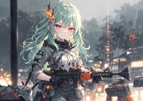 cowboy_shot,rain,<lora:BattlefieldStyle-000016:0.6>,bfstyle,glowing eyes,holding weapon,sparks,1girl,cute,kawaii,small breasts,green hair,orange eyes,clover hair ornament,long hair,disheveled hair,messy hair,battlefield,frown,shaded_face,sulking,glaring,kubrick_stare,